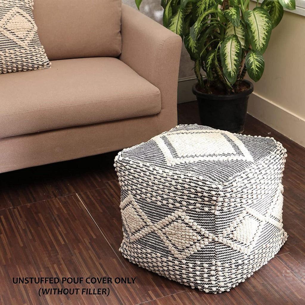 UNSTUFFED Square Pouf Ottoman Cover -REDEARTH Textured Storage Boho Cube Poof, Farmhouse Pouffe Accent Chair Extra Seat Footrest for Living Room, Bedroom, Nursery, Kidsroom (20x20x20; Black)