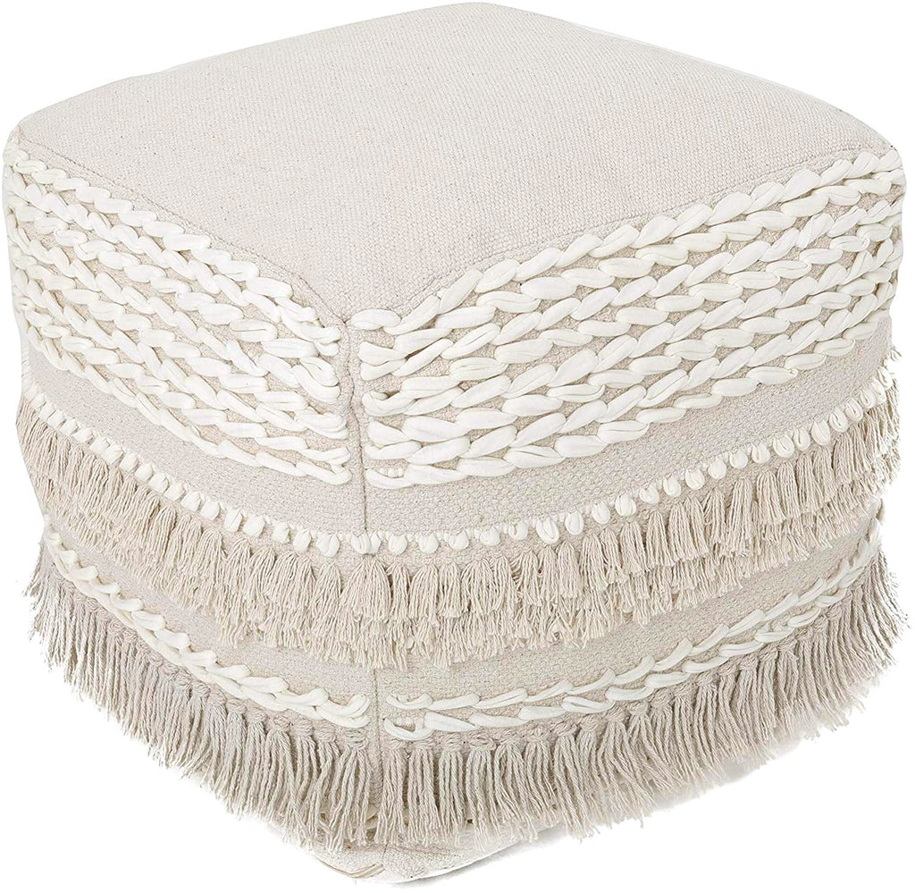 UNSTUFFED Pouf Ottoman Cover -REDEARTH Boho Textured Storage Cube Poof, Accent Pouffe Footrest Chair Seat for living room, bedroom, nursery, kidsroom, patio, gym; 100% Cotton (20x20x20; Natural)