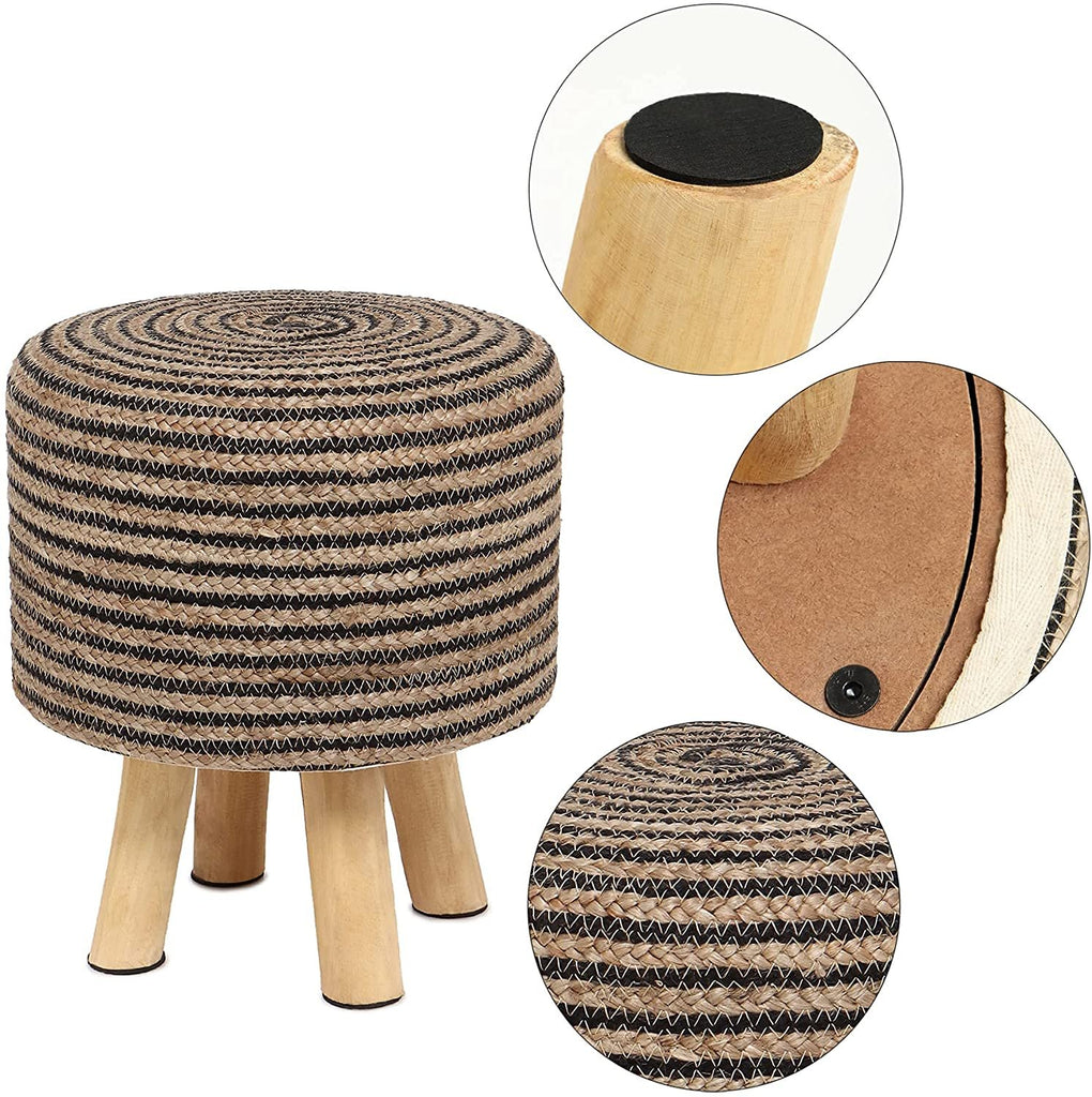 REDEARTH Foot Stool -Handmade Wooden 4 Legs Tufted Seat Footrest for Living Room, Bedroom, Nursery, kidsroom, Patio, Gym; 50% Jute 50% Cotton (16x14x14; Black Natural)