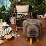REDEARTH Foot Stool -Handmade Wooden 4 Legs Tufted Seat Footrest for Living Room, Bedroom, Nursery, kidsroom, Patio, Gym; 50% Jute 50% Cotton (16x14x14; Black Natural)