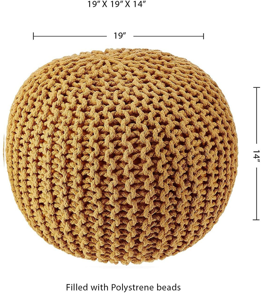 REDEARTH Round Pouf Ottoman -Hand Knitted Cable Boho Poof Home Décor Pouffe Accent Chair Circular Seat Footrest for Living Room, Bedroom, Nursery, Kidsroom, Lounge; 100% Cotton (19"x19"x14"; Mustard)