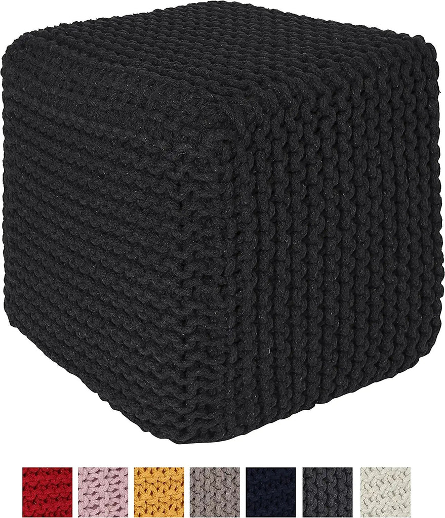 REDEARTH Cube Pouf Foot Stool Ottoman -Hand Knitted Poof, Cord Boho Pouffe, Home Décor Accent Chair, Stuffed Footrest for Living Room, Bedroom, Nursery, Covered Patio (16”x16”x16”; Black)