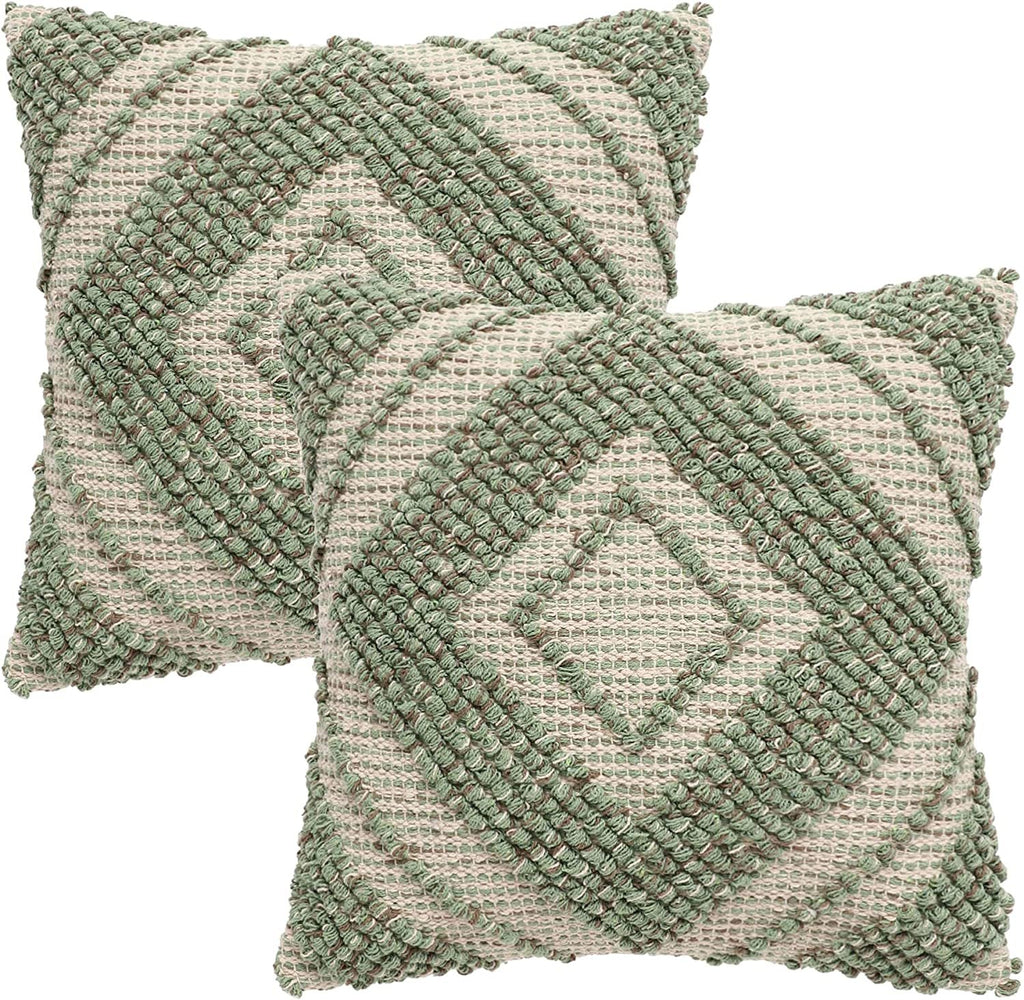 REDEARTH Textured Throw Pillow Cushion Covers-Woven Tufted Decorative Farmhouse Cases Set for Couch, Sofa, Bed, Chair, Dining, Patio, Outdoor; 100% Cotton (18"x18", Solitaire Lozenge) Pack of 2