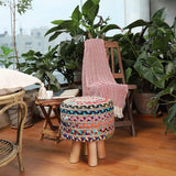 REDEARTH Foot Stool -Handmade Wooden 4 Legs Jute Chindi Seat Footrest for Living Room, Bedroom, Nursery, kidsroom, Patio, Gym; 50% Jute 50% Cotton (16"x14"x14"; Bred Jute Multi)