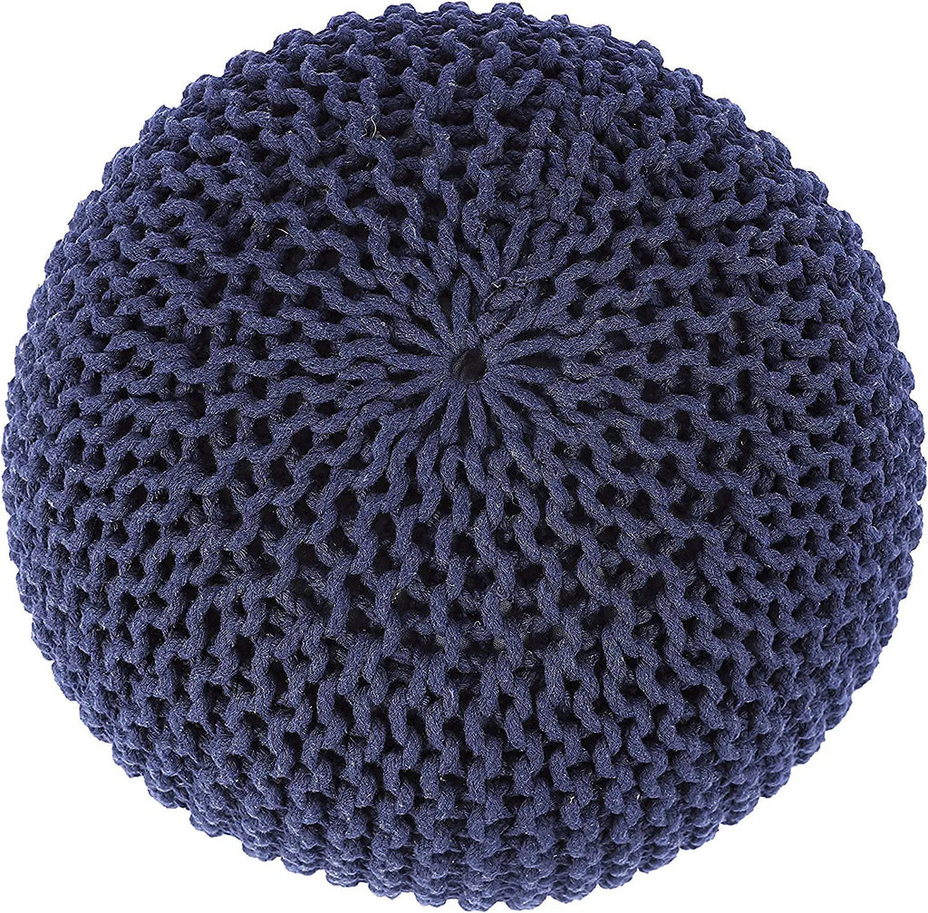REDEARTH Round Pouf Foot Stool Bean Bag Ottoman -Cable Knitted Cord Boho Pouffe, Poof Accent Bean Bag Chair, Handmade by Artisans for Living Room, Bedroom, Nursery (19"x19" x14", Navy Blue)
