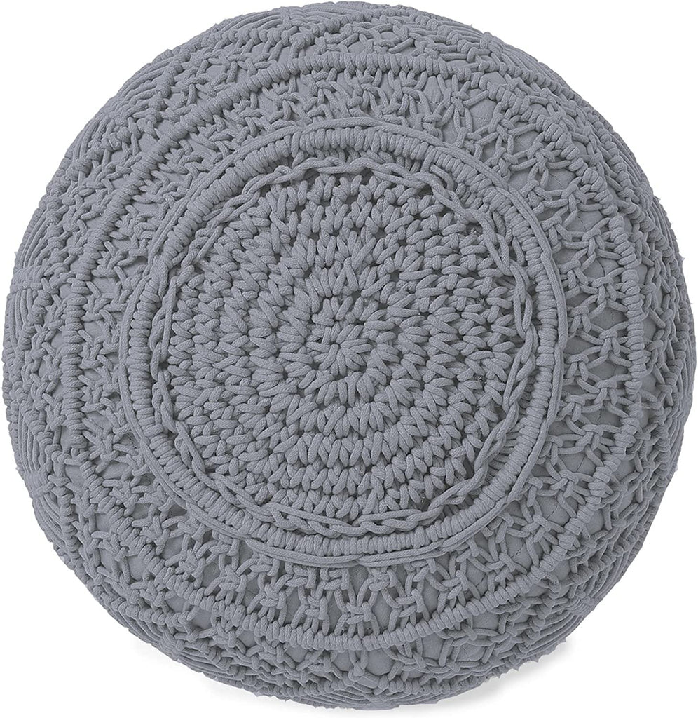 REDEARTH Round Pouf Ottoman -Macrame Hand Knitted Poof Pouffe Ottoman Cover Accent Chair Seat Footrest for Living Room, Bedroom, Nursery, kidsroom, Patio, Gym; 100% Cotton (19x19x14; Gray)