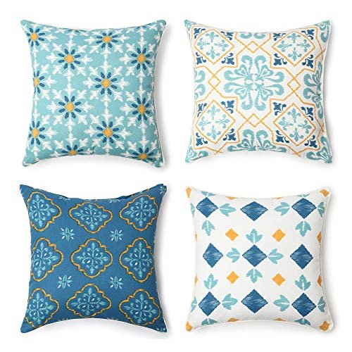 REDEARTH Printed Throw Pillow Cushion Covers-Woven Decorative Farmhouse Cases set for couch, sofa, bed, chair, dining, patio, outdoor, car; 100% Cotton (18x18"; Persian Blue1) Pack of 4