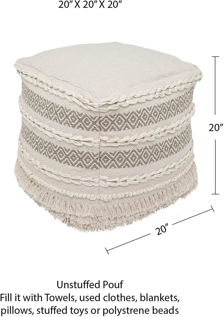 UNSTUFFED Pouf Ottoman Cover -REDEARTH Textured Storage Cube Bean Bag Poof Pouffe Accent Chair Seat Footrest for living room, bedroom, nursery, kidsroom, patio, gym; 100% Cotton (20x20x20; Natural)