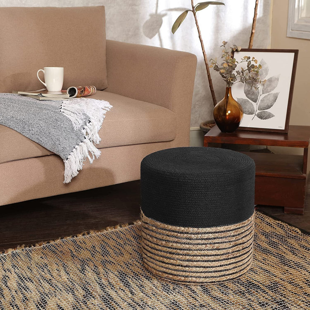 REDEARTH Cylindrical Pouf Ottoman -Braided Pouffe Accent Chair Round Seat Footrest for Living Room, Bedroom, Nursery, kidsroom, Patio, Gym; 30% Jute, 70% Cotton (14.5x14.5x16; Black Natural)