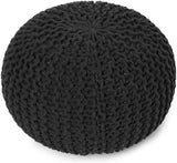 REDEARTH Round Pouf Foot Stool Ottoman -Hand Knitted Bean Bag, Cord Boho Pouffe, Cable Poof Accent Beanbag Chair Footrest for Living Room, Bedroom, Nursery, Patio, 100% Cotton (19”x19”x14”; Black)