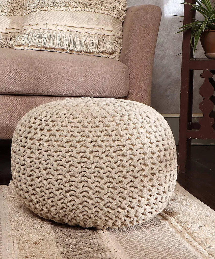 REDEARTH Round Pouf Ottoman-Cable Knitted Boho Poof, Home Décor Cord Pouffe Accent Chair Handmade Circular Seat Footrest for Living Room, Bedroom, Nursery, kidsroom, Gym;100% Cotton (19x19x14; Ivory)