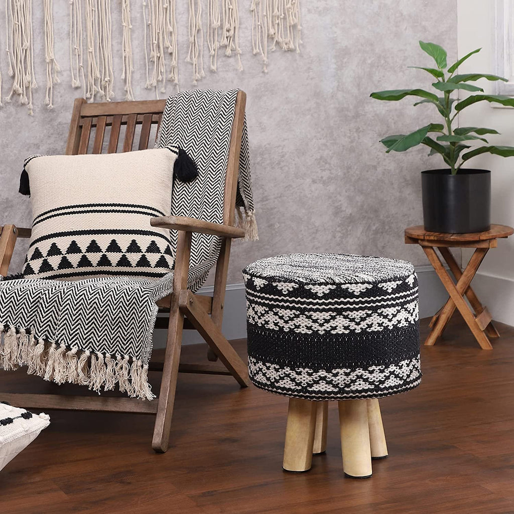 REDEARTH Foot Stool -Handmade Wooden 4 Legs Tufted Seat Footrest for Living Room, Bedroom, Nursery, kidsroom, Patio, Gym; 100% Cotton (16"x14"x14"; Zigguarat Black)
