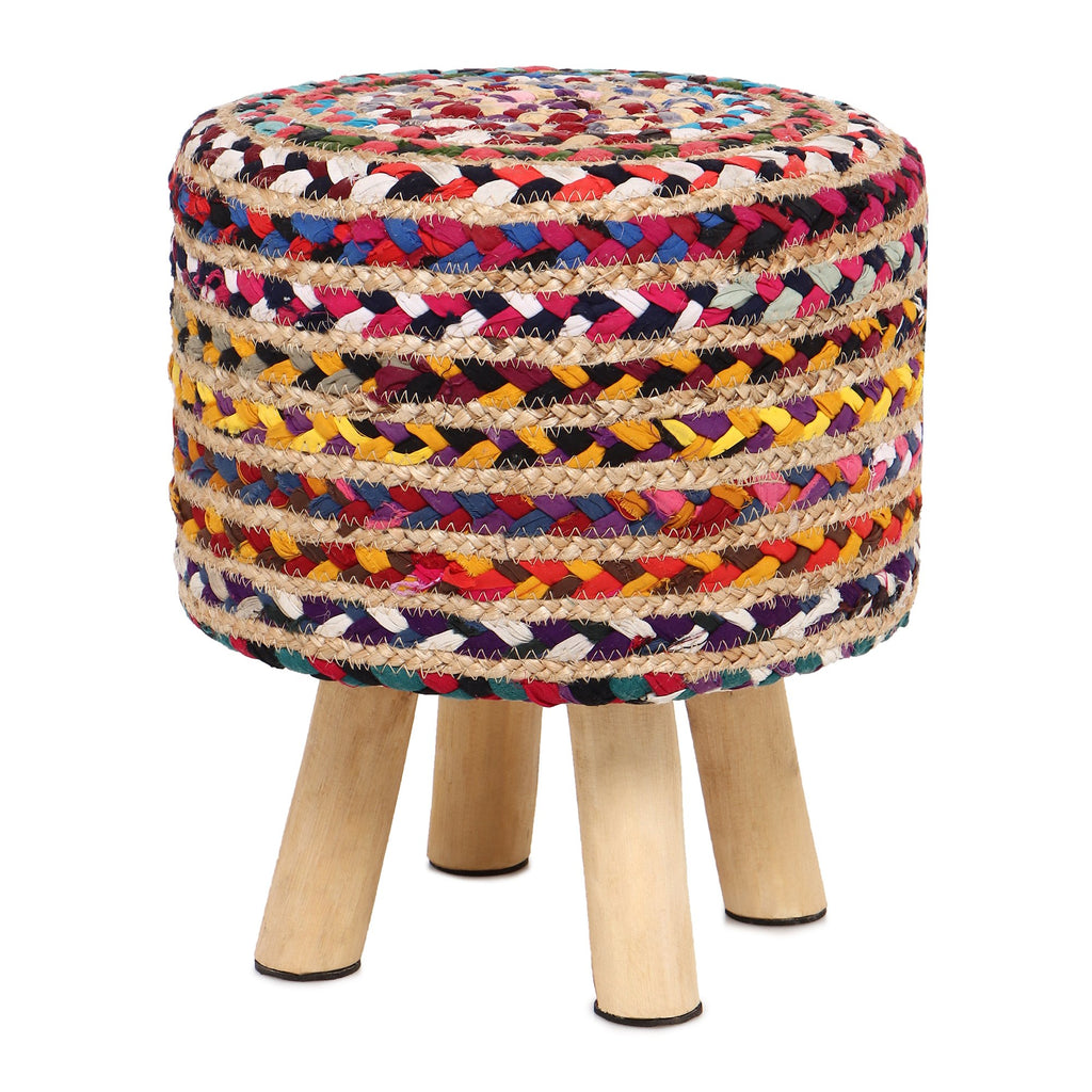 REDEARTH Foot Stool -Handmade Wooden 4 Legs Jute Chindi Seat Footrest for Living Room, Bedroom, Nursery, kidsroom, Patio, Gym; 50% Jute 50% Cotton (16"x14"x14"; Bred Jute Multi)