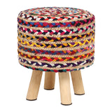 REDEARTH Foot Stool -Handmade Wooden 4 Legs Jute Chindi Seat Footrest for Living Room, Bedroom, Nursery, kidsroom, Patio, Gym; 50% Jute 50% Cotton (16