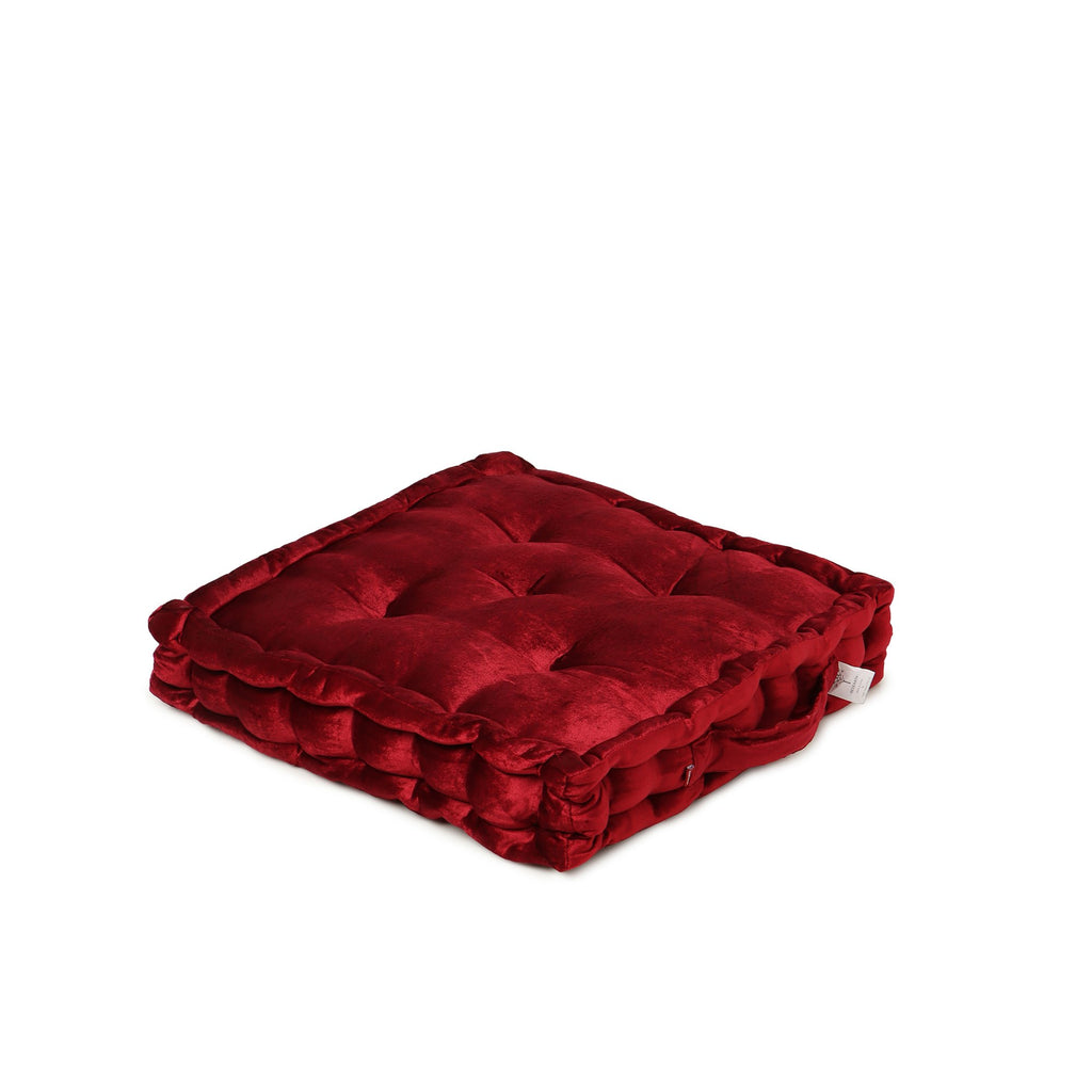REDEARTH Velvet Floor Pillows-Premium Rayon Cotton Velvet washable plush extra soft square seat cushion with handle for dining, patio, office, outdoor, hardwood floor (18x18x4"; Wine Red) Single Pack