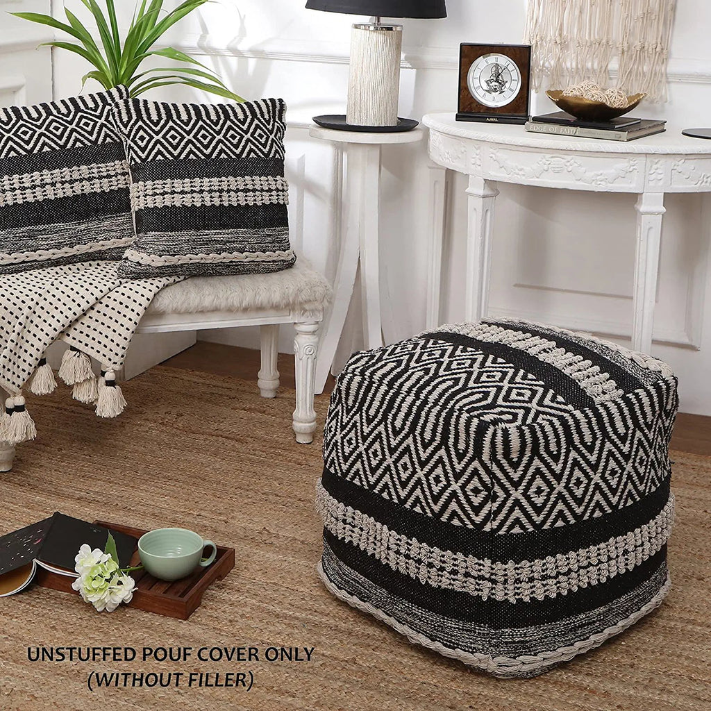 UNSTUFFED Pouf Ottoman Cover - REDEARTH Textured Storage Cube Bean Bag Poof Pouffe Accent Chair Seat Footrest For Living Room, Bedroom, Nursery, Kidsroom;100% Cotton(20"X20"X20", Char Delineate Black)