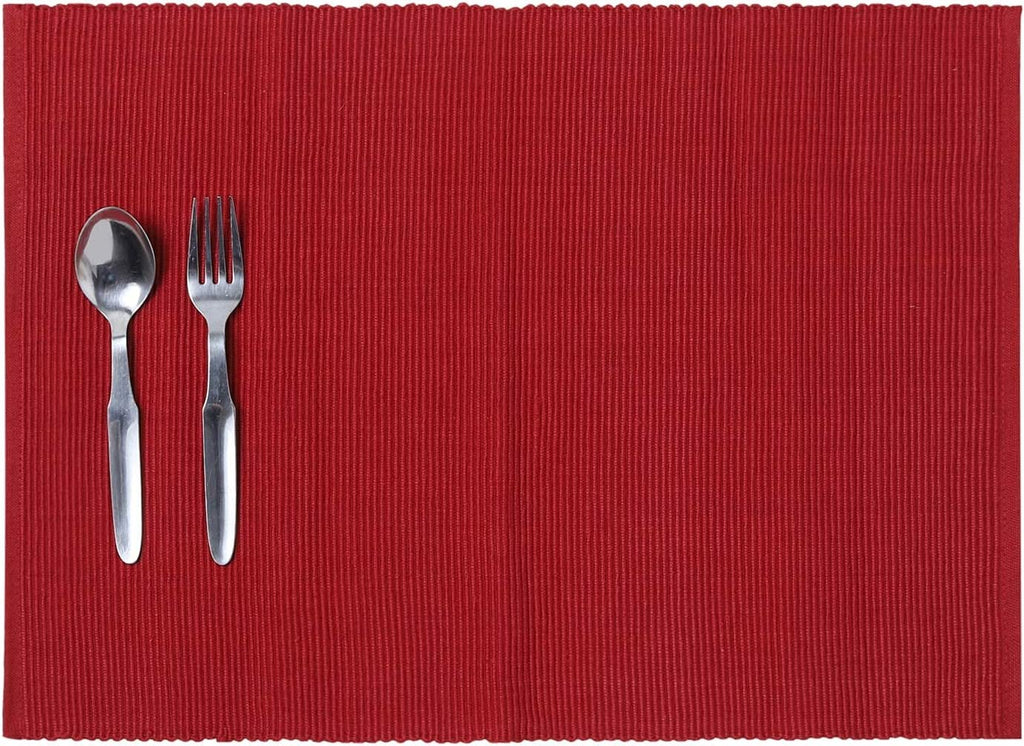 REDEARTH Placemats-Ribbed Placemats Woven Table Linen for Square, Round, Rectangle Dining Table, Coffee Table, Console, Dresser; 100% Cotton (14x20; Deep Red) Set of 6