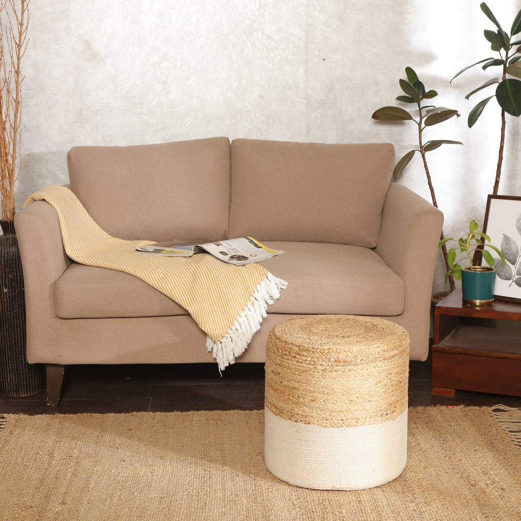 REDEARTH Cylindrical Pouf Foot Stool Ottoman -Cotton Jute Braided Accent Chair Footrest for The Living Room, Bedroom, Nursery, Patio, Lounge & Other Rooms in The Home (14.5”x14.5”x16”; Natural Ivory)