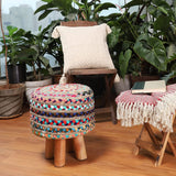 REDEARTH Foot Stool -Handmade Wooden 4 Legs Jute Chindi Seat Footrest for Living Room, Bedroom, Nursery, kidsroom, Patio, Gym; 50% Jute 50% Cotton (16"x14"x14"; Bred Jute Multi)