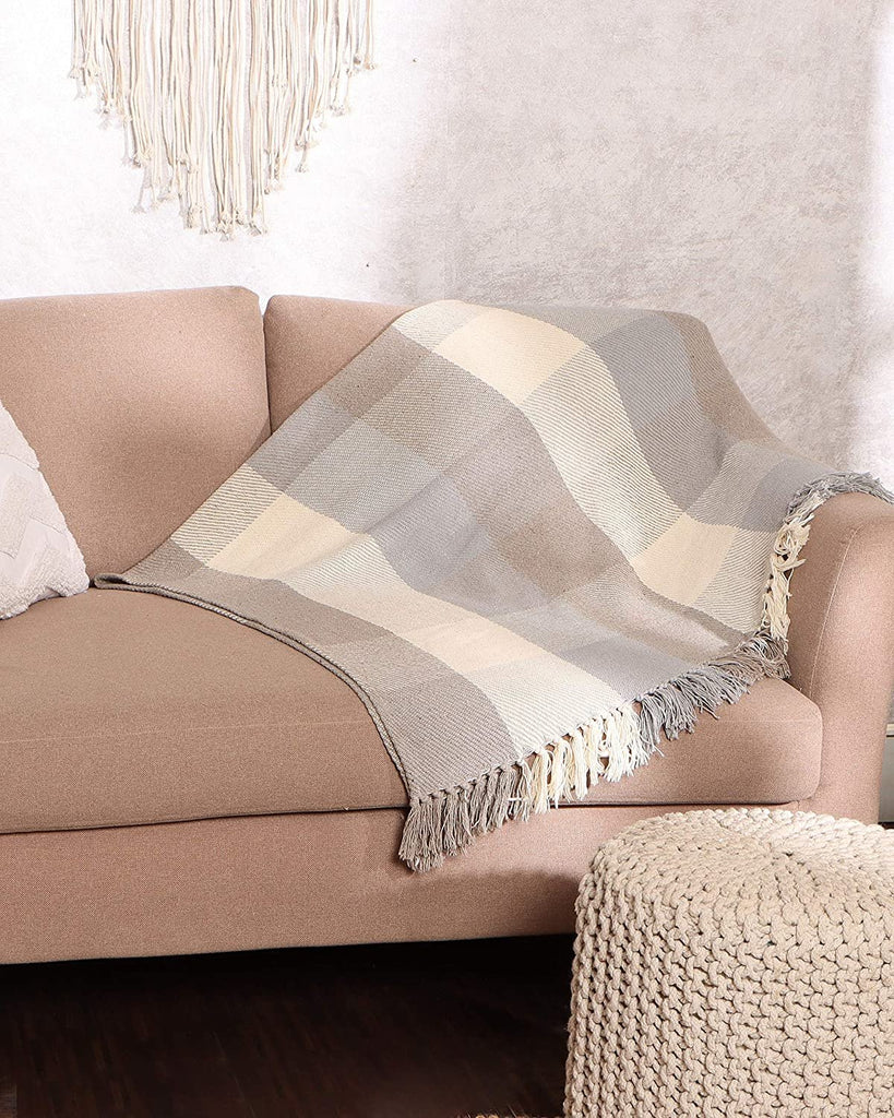 REDEARTH Classic Throw Blanket -Herringbone medium weight soft lap blanket for sofa bed couch chairs loveseats car, living, indoor/ outdoor use 100% Cotton (50x60"; Ecru)