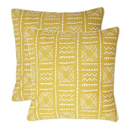 REDEARTH Printed Throw Pillow Cushion Covers-Woven Decorative Farmhouse Cases Set for Couch, Sofa, Bed, Chair, Dining, Patio, Outdoor, car; 100% Cotton (18x18; Tribal Sway Mustard) Pack of 2