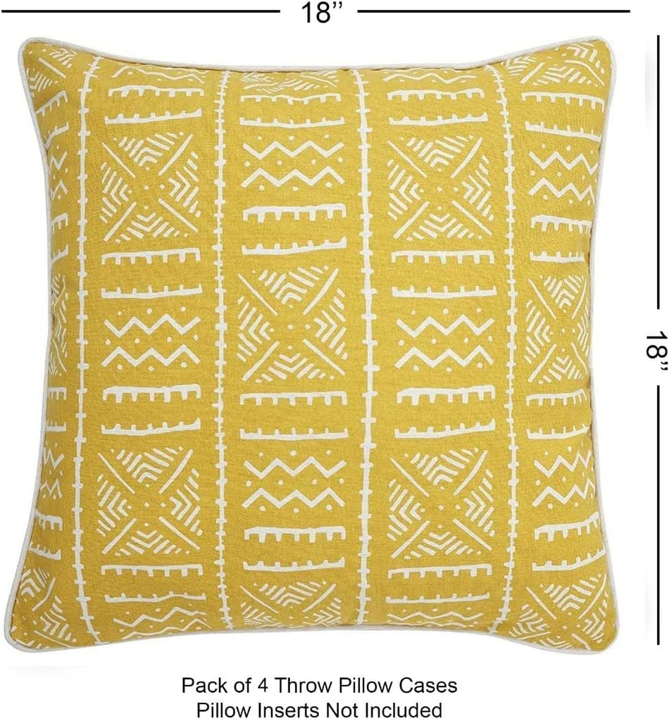 REDEARTH Printed Throw Pillow Cushion Covers-Woven Decorative Farmhouse Cases set for couch, sofa, bed, chair, dining, patio, outdoor, car; 100% Cotton (18x18"; Mustard) Pack of 4