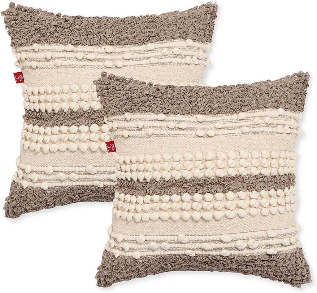 REDEARTH Textured Throw Pillow Cases-Woven Tufted Decorative Farmhouse Cushion Covers Set for Couch, Sofa, Bed, Chair, Dining, Patio, Outdoor; 100% Cotton (18x18; Natural) Pack of 2