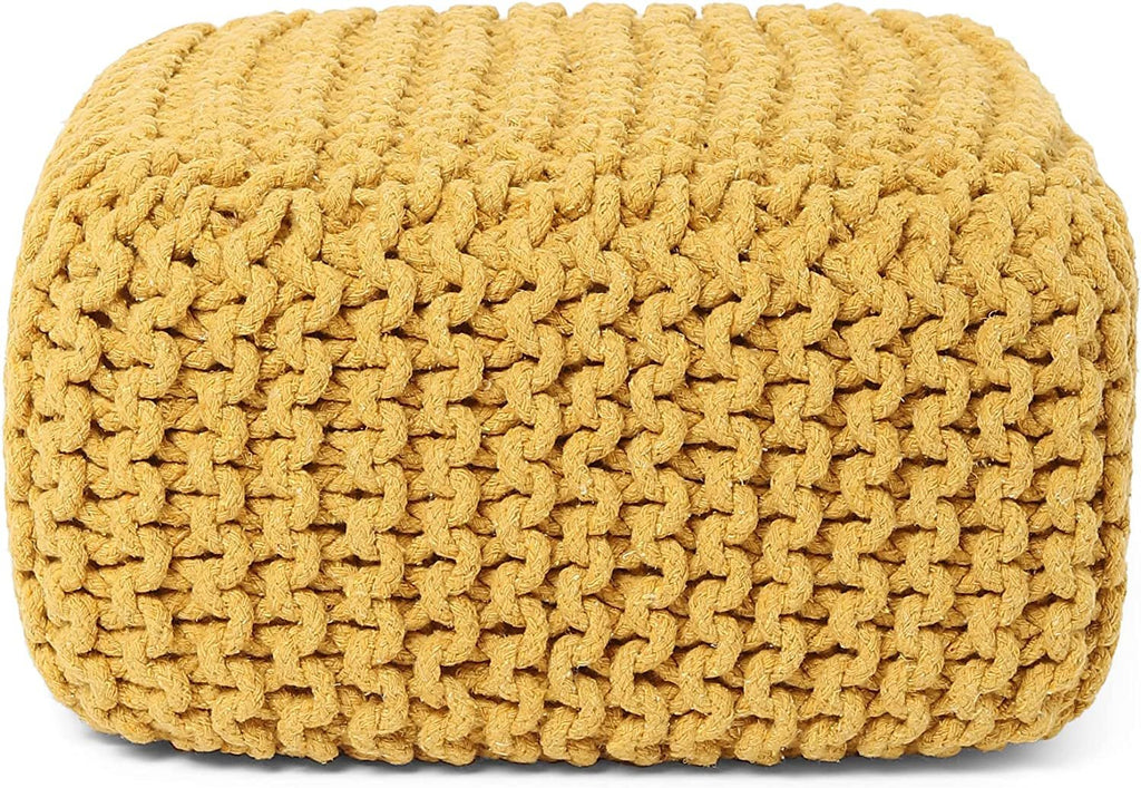REDEARTH Cube Low Pouf Foot Stool Ottoman -Hand Knitted Poof, Cord Boho Pouffe, Home Décor Accent Chair, Stuffed Footrest for Living Room, Bedroom, Nursery, Covered Patio (16”x16”x8”; Mustard)