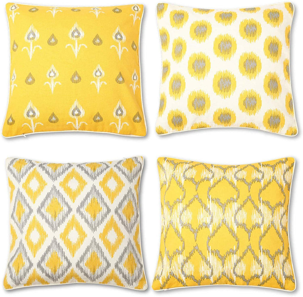 REDEARTH Printed Throw Pillow Cushion Covers-Woven Decorative Farmhouse Cases set for couch, sofa, bed, chair, dining, patio, outdoor, car; 100% Cotton (18x18"; Mustard1) Pack of 4